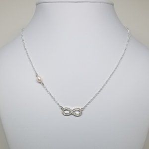 Sterling Silver CZ Infinity Necklace& White Pearl